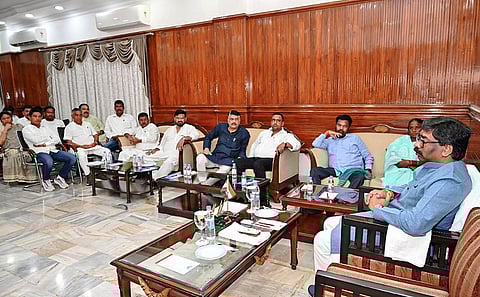Jharkhand Chief Minister Hemant Soren chairs a meeting of United Progressive Alliance legislators, in Ranchi. (Photo | PTI_