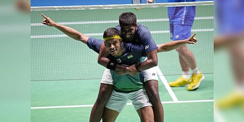 India's Satwiksairaj Rankireddy, center, and Chirag Shetty.(Photo | AP)