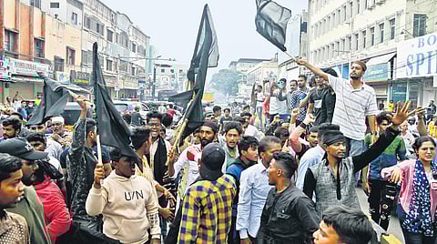 Youths shout slogans against the release of BJP MLA T Raja Singh in the Old City of Hyderabad on Wednesday | Vinay Madapu