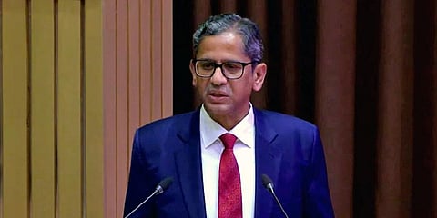 Outgoing CJI NV Ramana speaks during his farewell ceremony, in New Delhi on Friday. (Photo | ANI)