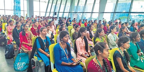 IIIT-Basara students at the T-Hub in Hyderabad on Thursday