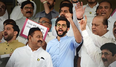 Shiv Sena leader Aaditya Thackeray with other opposition leaders protests at Vidhan Bhavan on the last day of Monsoon Session of Maharashtra Assembly. (Photo | PTI)