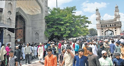 Muslims leave Mecca Masjid in Hyderabad after offering Friday prayers | Vinay Madapu