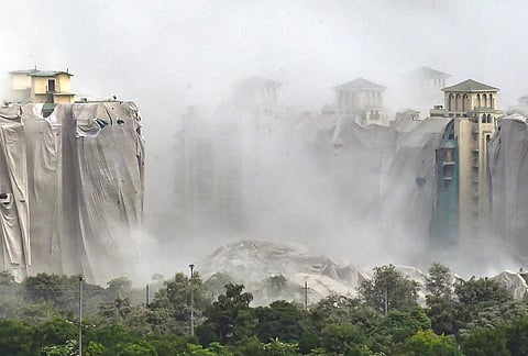 Demolition of Supertech's twin towers in Noida, Sunday, Aug. 28, 2022. (Photo | PTI)