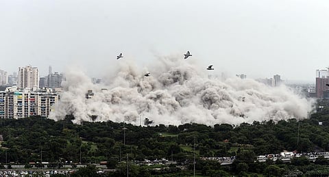 A visual of the demolition of Noida's Supertech twin towers on August 28, 2022. (Photo | Parveen Negi, EPS)