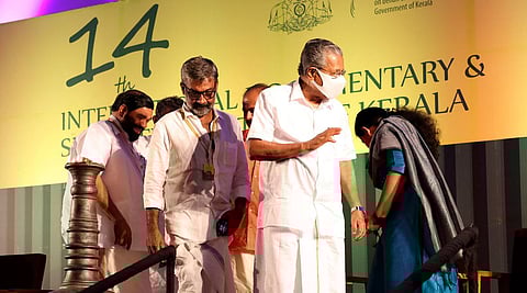 Chief Minister Pinarayi Vijayan leaving the venue after inaugurating the IDSFFK in Thiruvananthapuram. (Photo | B P Deepu, EPS)
