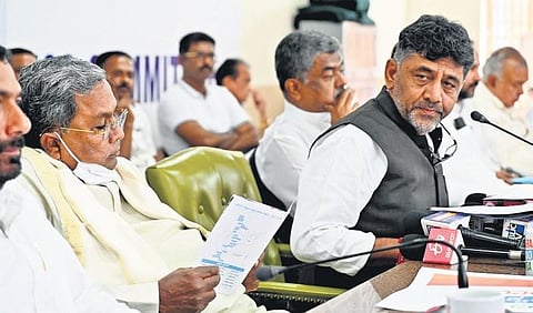 Opposition leader Siddaramaiah and KPCC president DK Shivakumar address the media on Bharat Jodo Yatra in Bengaluru on Sunday | Nagaraja Gadekal