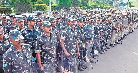 Police flag-march in Vijayawada on Saturday. On August 31 and Sept 1, additional forces will be deployed in Vijayawada and Guntur to prevent the march, says DGP