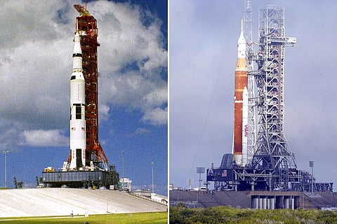 Saturn V rocket with Apollo 12's spacecraft aboard on the launch pad at the Kennedy Space Center in 1969, left and NASA's new launch on the right (Photo | AP)