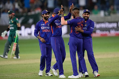 India's Hardik Pandya, second right, celebrates with teammates the dismissal of Pakistan's Iftikhar Ahmed during the T20 cricket match of Asia Cup. (Photo | PTI)