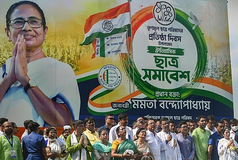 West Bengal Chief Minister and Trinamool chief Mamata Banerjee with the party's National General Secretary Abhishekh Banerjee and others. (Photo | PTI)