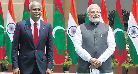 PM Narendra Modi with Maldives President Ibrahim Mohamed Solih at Hyderabad House in New Delhi on Tuesday | SHEKHAR YADAV