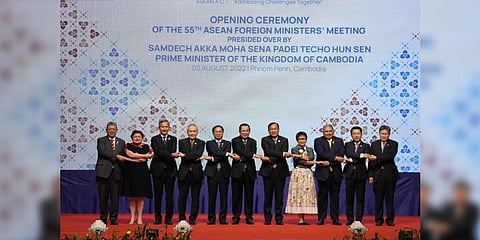Opening of the 55th ASEAN Foreign Ministers' Meeting at a hotel in Phnom Penh, Cambodia, Wednesday, Aug. 3, 2022.(Photo | AP)