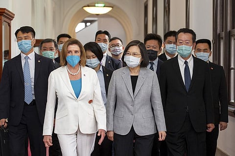 U.S. House Speaker Nancy Pelosi, left, and Taiwanese President President Tsai Ing-wen arrive for a meeting in Taipei, Taiwan, Wednesday, Aug. 3, 2022.(Photo | AP)