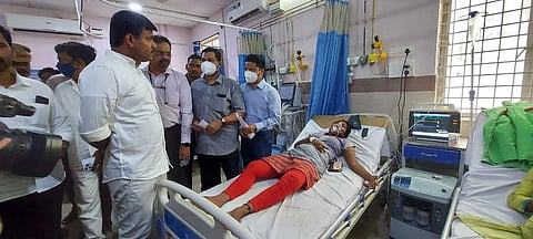 Minister for industries Gudivada Amarnath interacting with gas leak victims at NTR area hospital at Anakapalle on Wednesday.