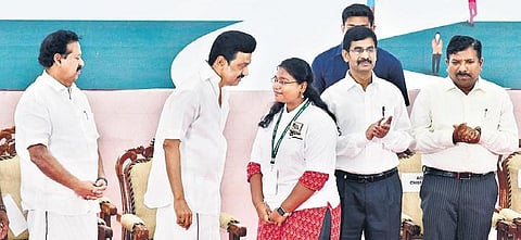 Chief Minister MK Stalin with a student in Chennai on Monday | P Jawahar