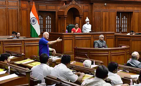 Deputy Chief Minister of Delhi Manish Sisodia speaks during a special session of Delhi Legislative Assembly, in New Delhi. (Photo | PTI)
