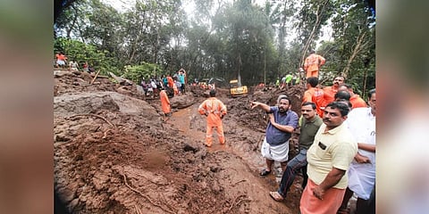 Revenue Minister K Rajan and Idukki MP Dean Kuriakose conducting rescue works at the landslide triggered area in Sangamam near Maliyekkal Colony in Kudayathoor. (Photo| Shiyami, EPS)