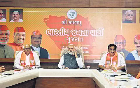 The PM’s meeting at the state party headquarters in Gandhinagar on Sunday