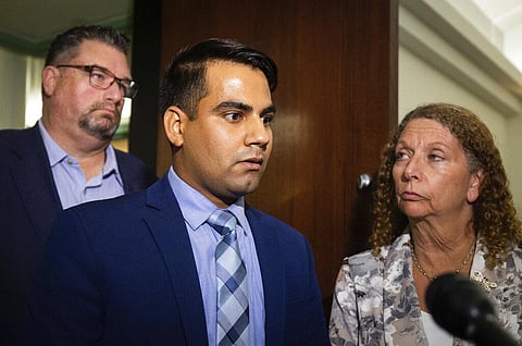 Former Arlington police officer Ravinder Singh gives a statement after being found not guilty of criminal negligent homicide in Tarrant County, Texas, on August 30, 2022. (Photo | AP)