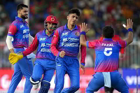 Afghanistan's Mujeeb-ur-Rahman celebrates with teammates after taking the wicket of Bangladesh's Mohammad Naim during the T20 Asia Cup cricket match. (Photo | AP)