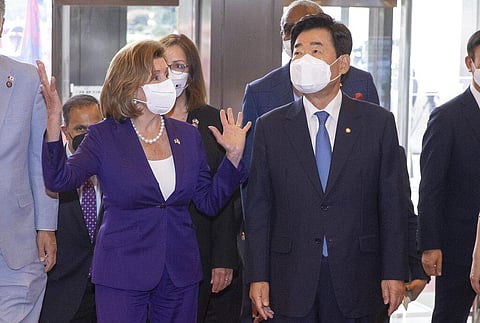U.S. House Speaker Nancy Pelosi, left, talks with South Korean National Assembly Speaker Kim Jin Pyo upon her arrival at the National Assembly in Seoul. (Photo |AP)