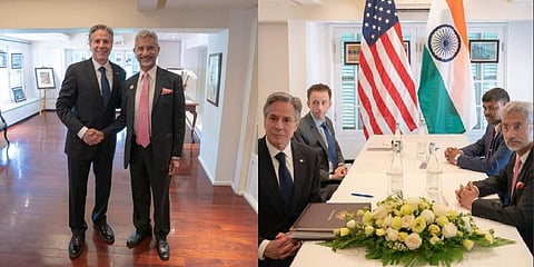 US Secretary of State Antony Blinken and Indian External Affairs Minister S Jaishankar in Cambodia ahead of the ASEAN ministerial meeting. (Photo | Secretary Antony Blinken @ Twitter)