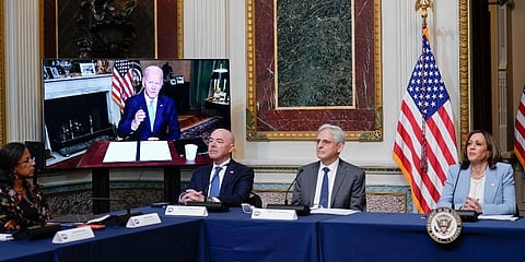 Joe Biden speaks virtually during the first meeting of the interagency Task Force on Reproductive Healthcare Access in the Indian Treaty Room in the Eisenhower Executive Office Building. (Photo | AP)