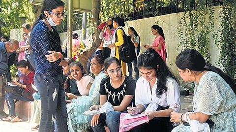 Students before appearing for the first slot of CUET at North Campus in New Delhi on July 15. (EPS | Parveen Negi)