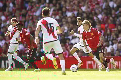 Manchester United's Isak Hansen-Aaroen, right, in action during a pre-season friendly match at Old Trafford, Manchester, Sunday July 31, 2022. (Photo | AP)