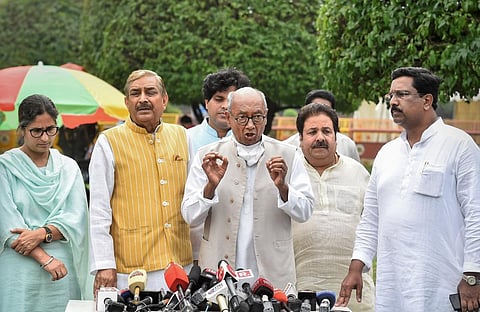 Congress MP's Digvijay Singh, Pramod Tiwari, Rajiv Shukla, Ranjeet Ranjan and others address a press conference, in New Delhi. (Photo | PTI)