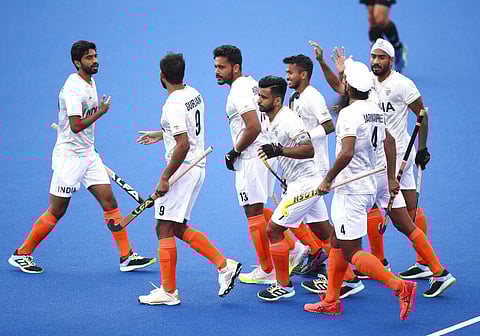 India's Singh Harmanpreet celebrates a goal with teammates against Wales during the Commonwealth Games. (Photo | AP)