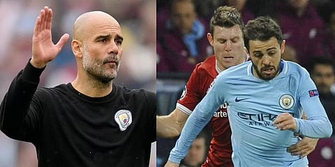 Manchester City manager Pep Guardiola(L) and Bernardo Silva.(Photo | AP)