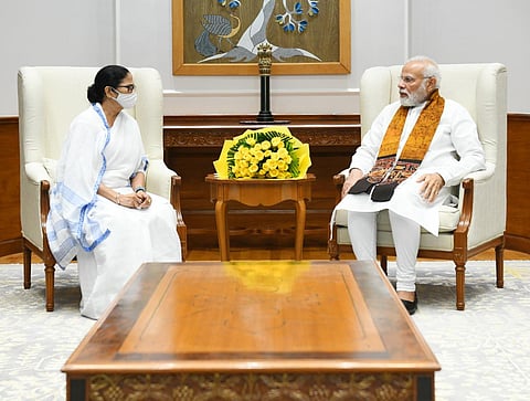 West Bengal Chief Minister Mamata Banerjee with Prime Minister Narendra Modi in New Delhi, on Augsut 5, 2022. (Photo | PMO India Twitter)