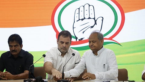 Congrees leader Rahul Gandhi addresses a press conference at AICC HQ in New Delhi on Friday along with Rajasthan Chief Minister Ashok Gehlot. (Photo | Shekhar Yadav, EPS)