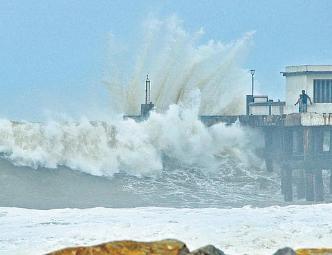 Strong waves crashing into Valiyathura pier in Thiruvananthapuram. (Photo | B P Deepu)