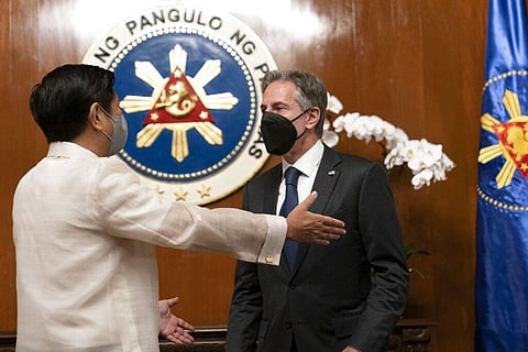 Secretary of State Antony Blinken, right, meets with Philippine President Ferdinand Marcos Jr. at the Malacanang Palace in Manila. (Photo | AP)