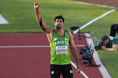 Arshad Nadeem, of Pakistan, celebrates during the men's javelin throw final at the World Athletics Championships on Saturday, July 23, 2022. (Photo | AP)