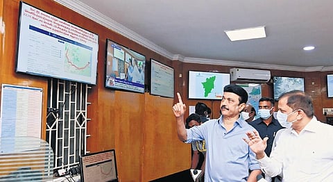 Chief Minister MK Stalin visited the state emergency operation centre at the Ezhilagam complex on Friday night.