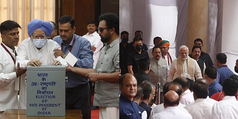 Senior Congress leader Manmohan Singh (L) and PM Modi cast their votes for the Vice Presidential election, at the Parliament House in New Delhi on Saturday. (Photo | Shekhar Yadav, EPS)