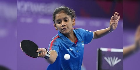 India's Sreeja Akula competes during the women's bronze medal table tennis match.(Photo | PTI)