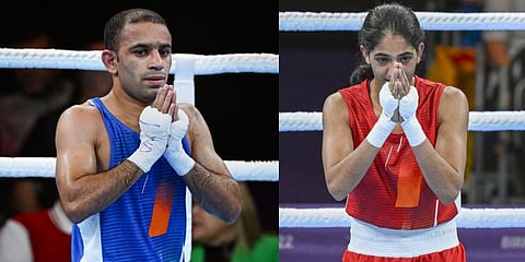 Indian boxers Amit Panghal (L) Nitu Ghanghas (R) reacts after winning gold at the CWG 2022.(Photo | PTI)