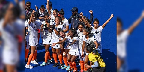 Indian players pose for photos as they celebrate their win over New Zealand in the women's bronze medal hockey match.(Photo |PTI)