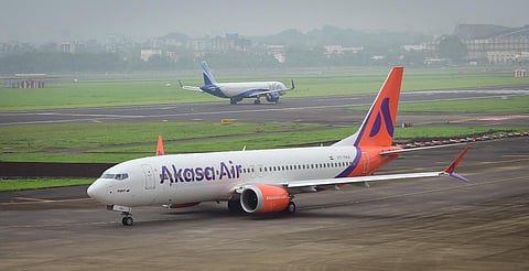 A plane from India's newest airline Akasa Air prepares for take off from the Chhatrapati Shivaji Maharaj International Airport, in Mumbai, on August 7, 2022. (Photo | PTI)