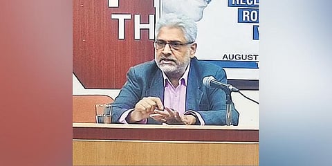 Senior journalist Siddharth Varadarajan delivering the 21st N Narendran Memorial Lecture at the Trivandrum Press Club on Sunday | Express