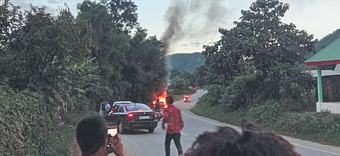 A vehicle torched by the miscreants on the Bishnupur-Churachandpur road in Manipur on August 6, 2022. (Photo | Express)