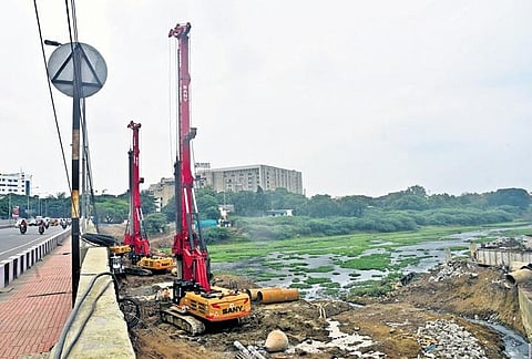 Metro Rail piling work in progress at the Adyar river near Nandambakkam | Martin Louis