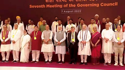 Prime Minister Narendra Modi and other Ministers and Chief Ministers of States/UTs at the 7th Governing Council meeting of NITI Aayog in New Delhi, on August 7, 2022. (Photo | PTI)