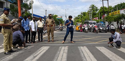 The Field Survey Team analyses one of the accident hotspots at Head Post Office signal in Tiruchy | MK Ashok Kumar