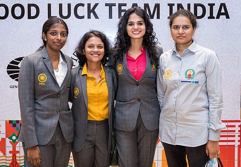 Members of India's Team A (L-R) International Master Rameshbabu Vaishali, International Master Bhakti Kulkarni, International Master Tania Sachdev and Grandmaster Koneru Humpy. (Photo | PTI)